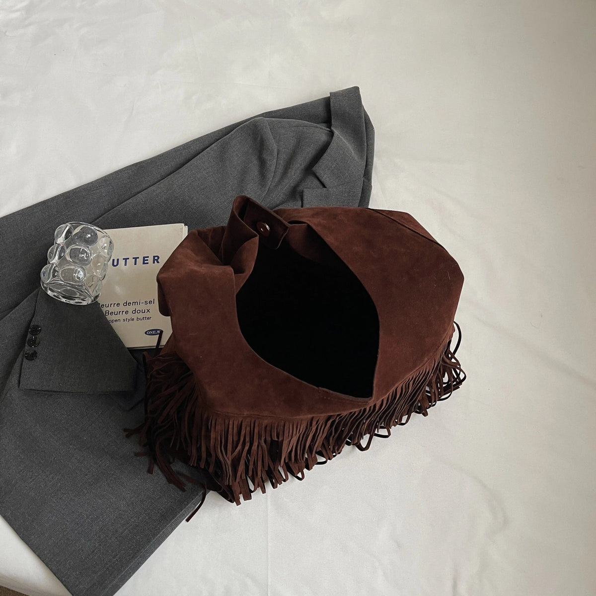 SEAME - Amanda Retro Leather Velvet Tassel Shoulder Bag for Women - Large Capacity Dark Brown