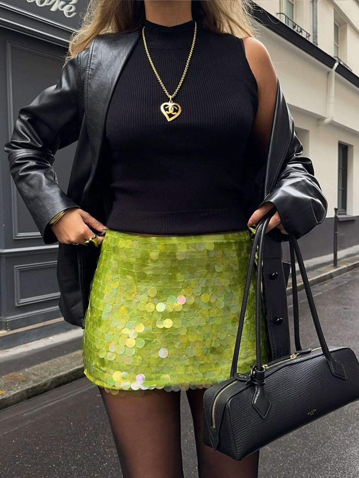 Seame - Ilayda Sequin Mini Skirt Green S