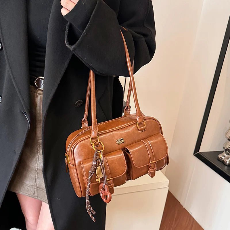 SEAME - Jessa - Stylish Multi - Pocket Handbag in Vegan Leather for Travel & Shopping Brown