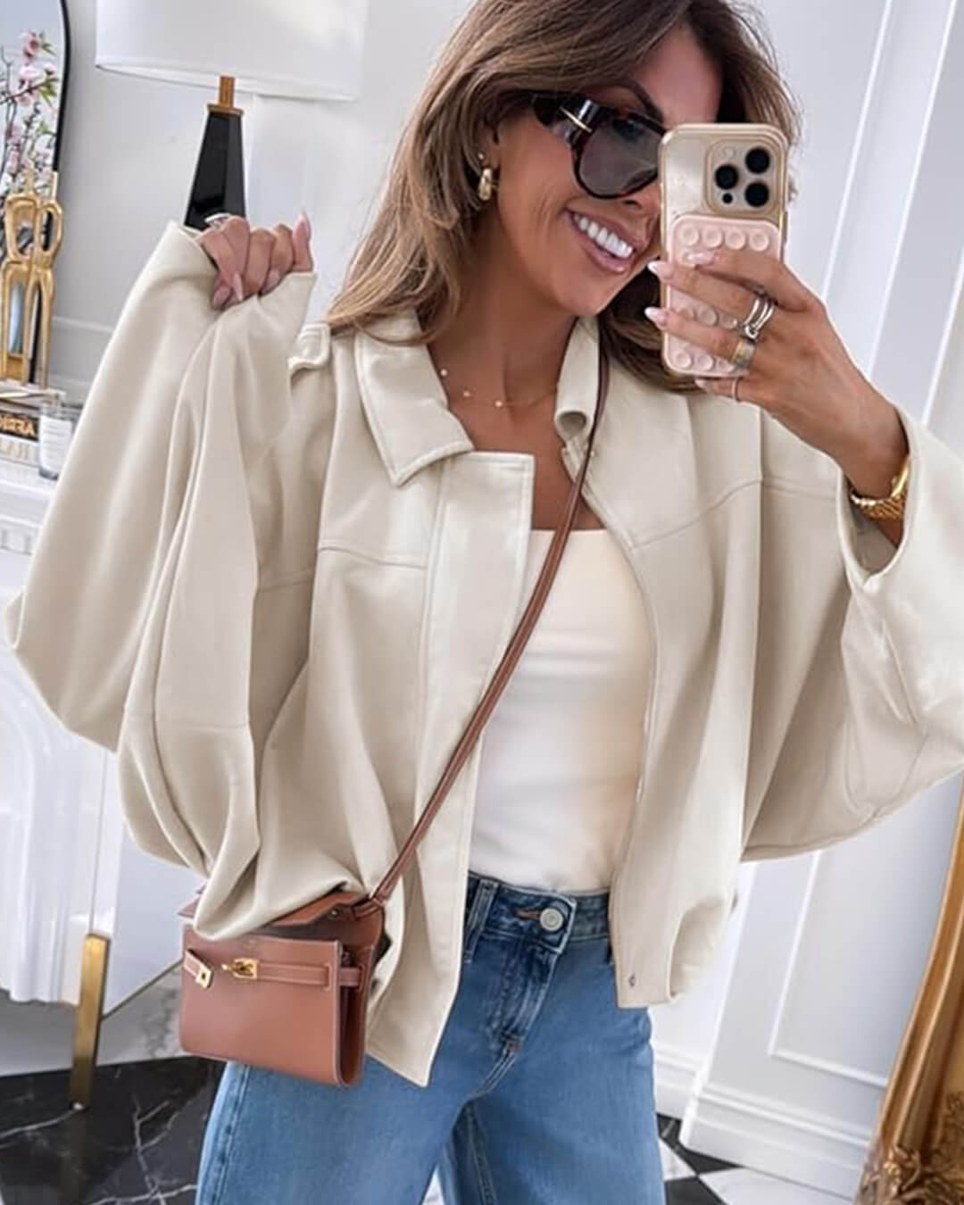 SEAME - Lara Suede Bomber Jacket Creme S