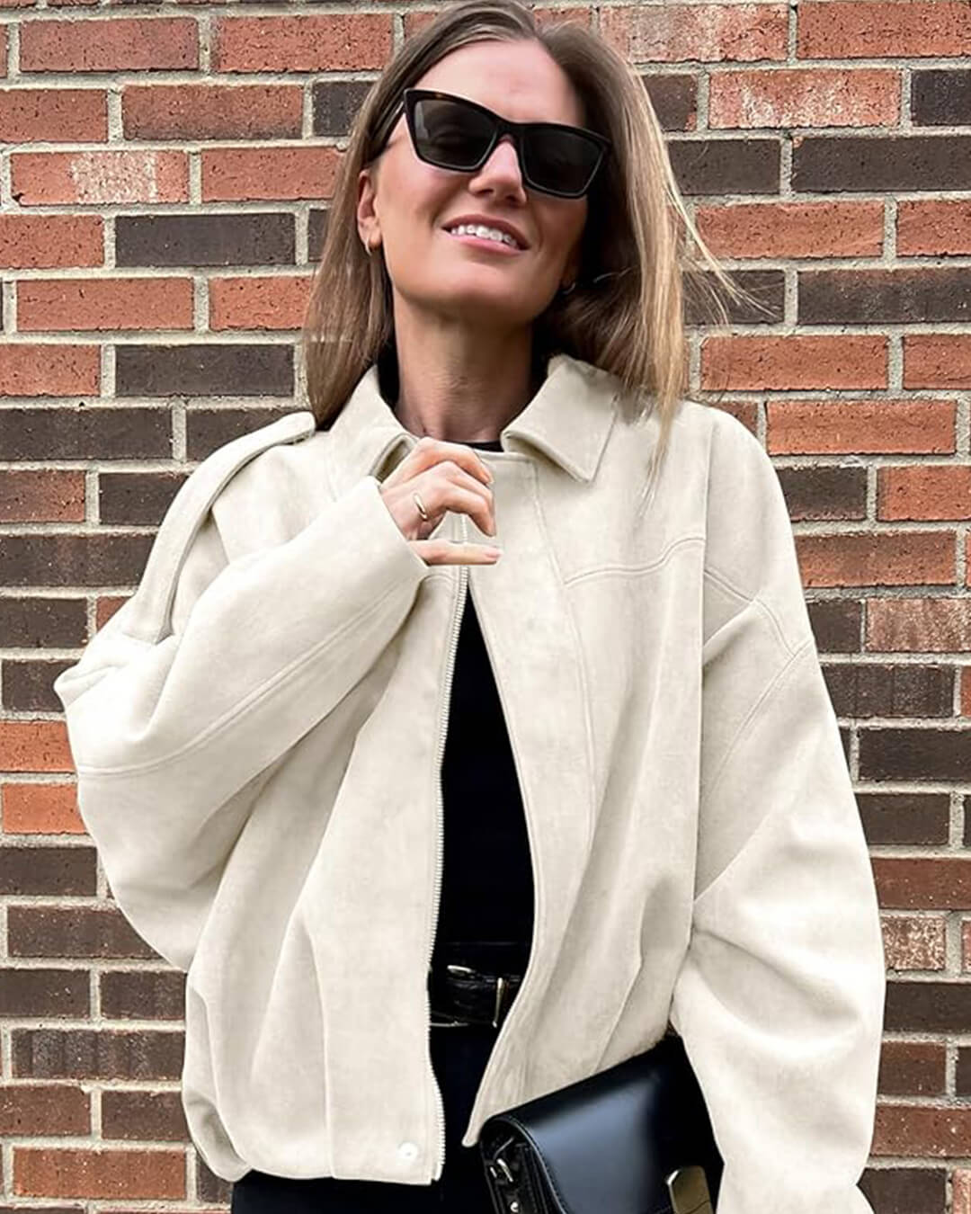 SEAME - Lara Suede Bomber Jacket Creme L