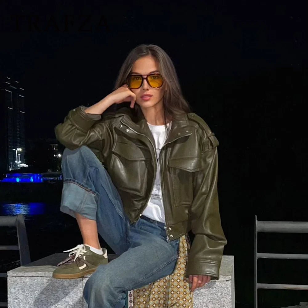 SEAME - Leila Faux Leather Jacket Green XS