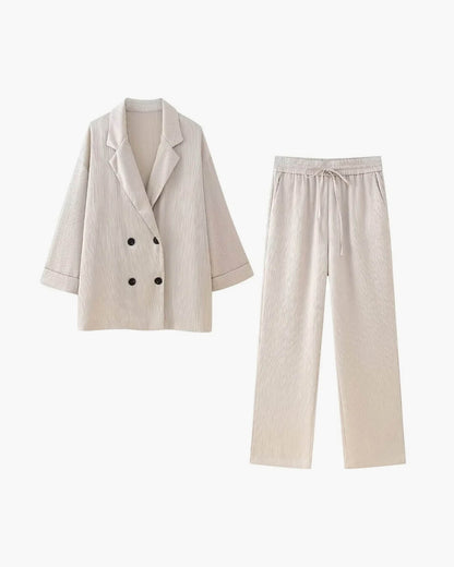 SEAME - Lisa - Women's Satin elegant Suit Set with Double - Breasted Jacket & Pants for Autumn Winter Beige L