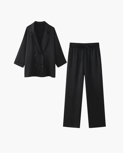 SEAME - Lisa - Women's Satin elegant Suit Set with Double - Breasted Jacket & Pants for Autumn Winter Black S